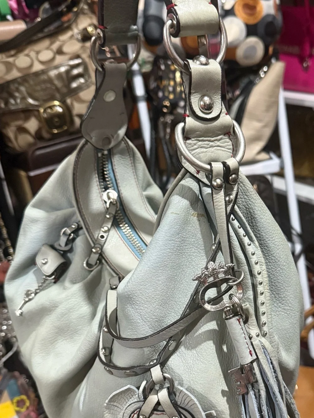 Juicy Couture Vintage Slouchy Leather Hobo bag in a Soft light blue gray tone
